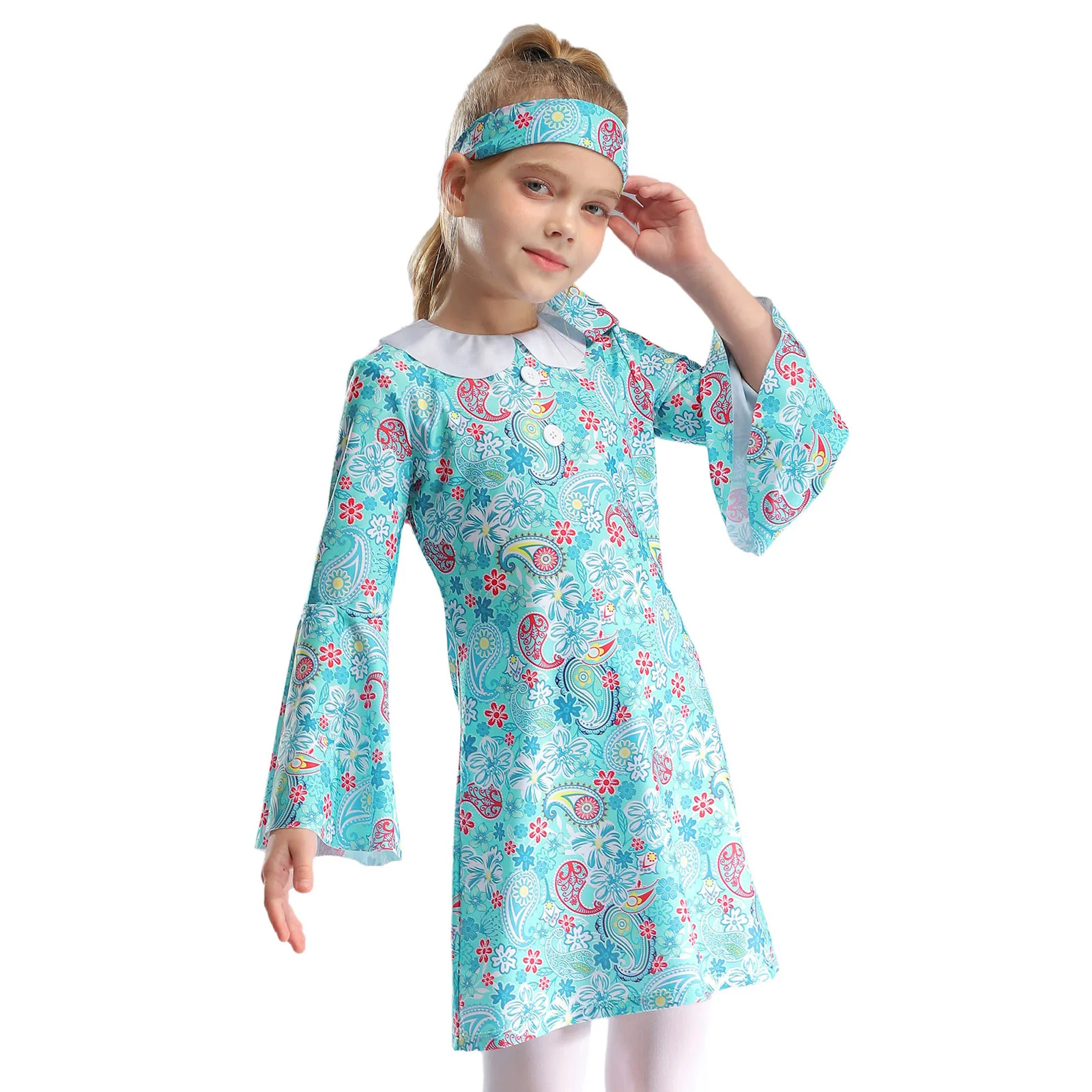 Kids Girls 70s Retro Hippie Disco Dance Dress Flare Sleeve Printed Dresses with Headband Halloween Carnival Theme Party Costume