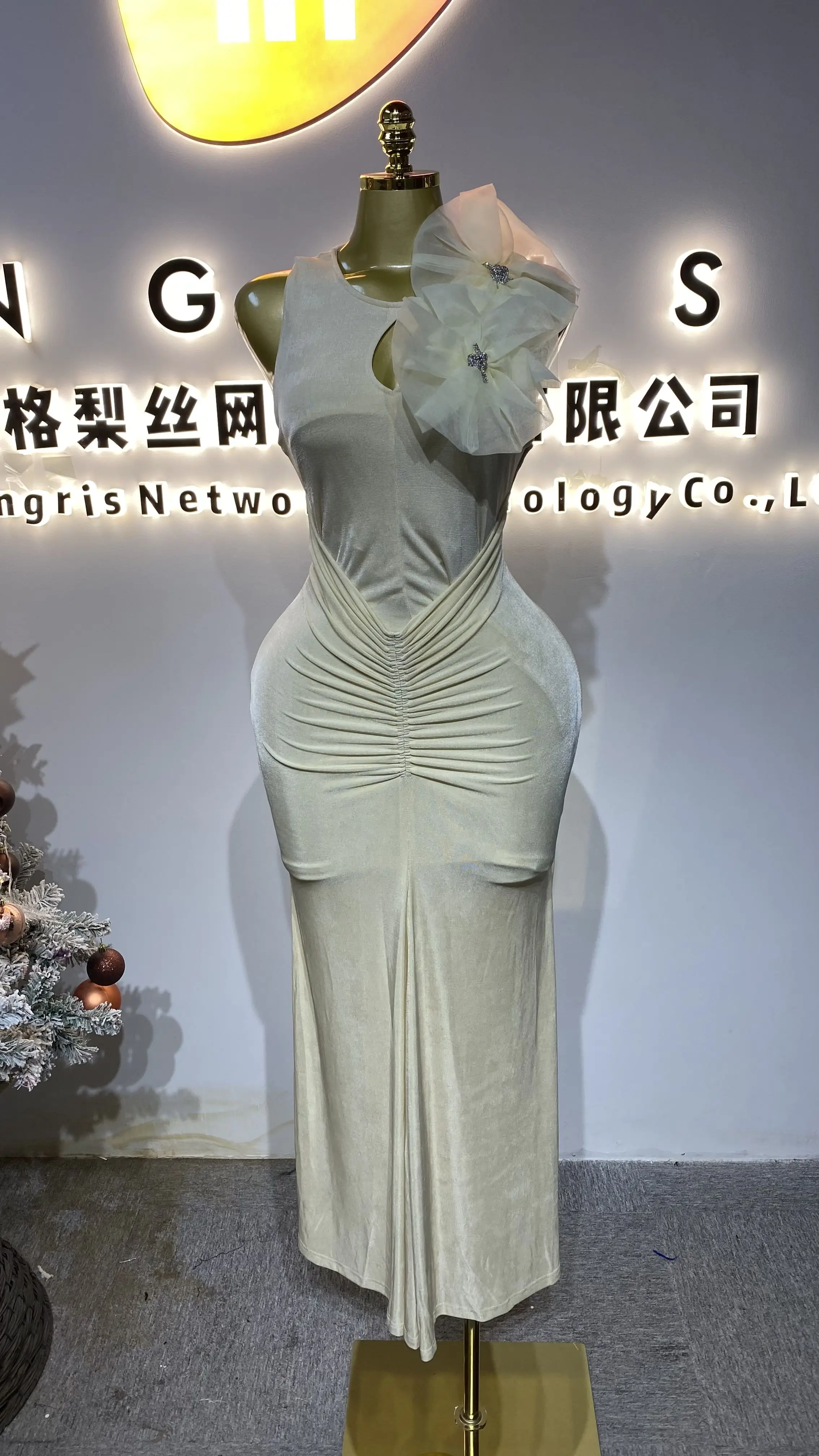 Elegant mermaid pleated Maxi evening gown, summer three-dimensional women's wear, washable woven dress-GZXX302