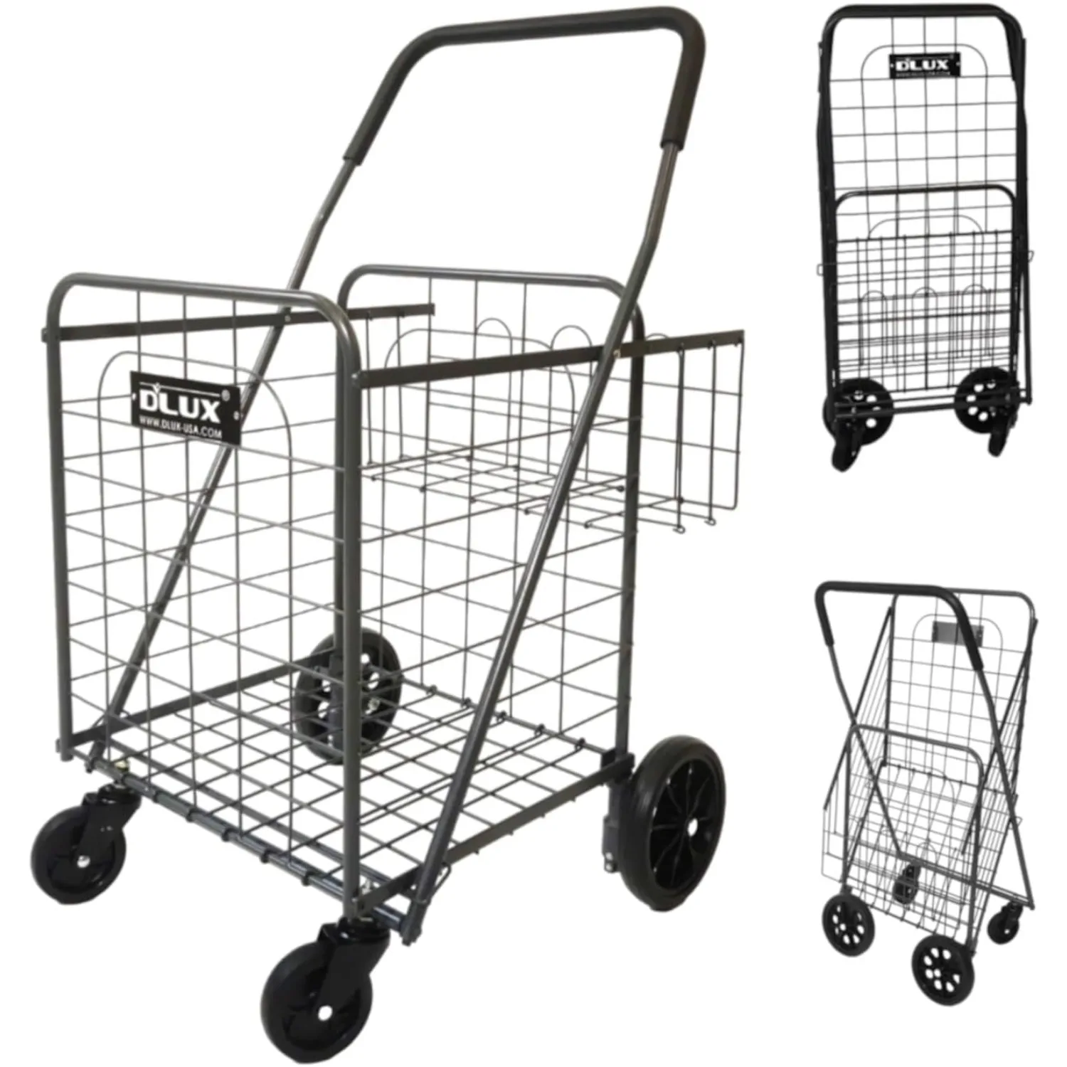 Foldable Cart, No Assembly Needed, Heavy Duty, with Folding Wheels, Double-Basket Grocery Shopping Cart (D567)