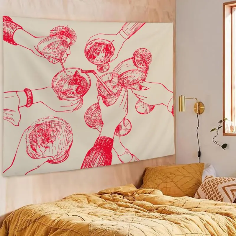 VIKAMA Pink Watercolor Cherry Tapestry Wall Hanging Red Fruit Coquette Ribbon Bow Aesthetic Wall Art Girls Room Wall Decor