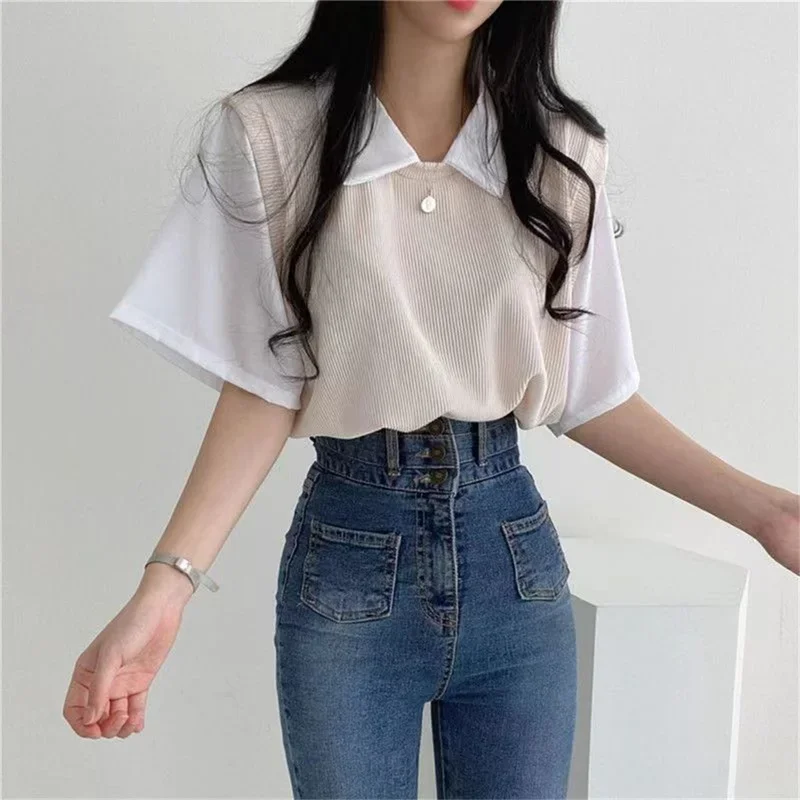 Summer Academy Style Color Blocking Polo Collar Top Fake Two-piece Short Sleeve T-shirt Women Lazy Loose Casual Versatile Blouse