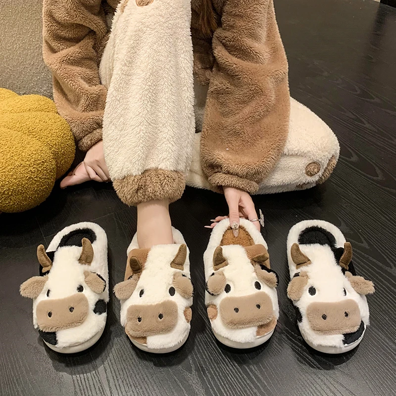 Nuovo inverno unisex cartone animato mucca calde pantofole di peluche coppia indoor antiscivolo casa diapositive uomini e donne toe wrap casa scarpe