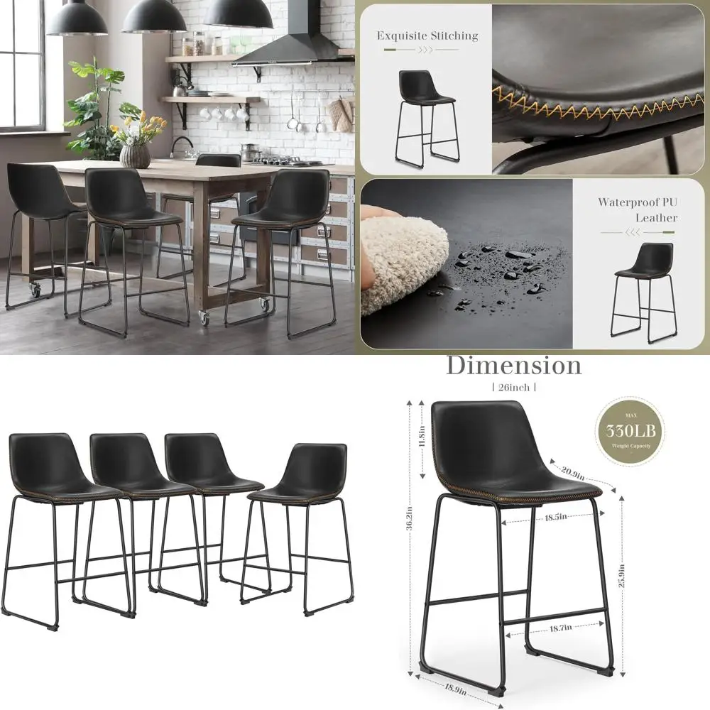 

Set of 4 Black Leather Counter Height Bar Stools with Back and Metal Legs for Kitchen Island