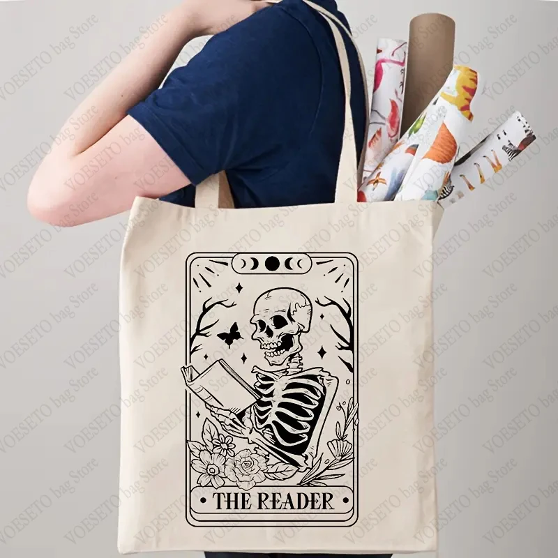 The Reader Skeleton Pattern Canvas Tote Bag Best Gift for Bookish Funny Graphics Shopping Bag for Daily Life Library Book Bags