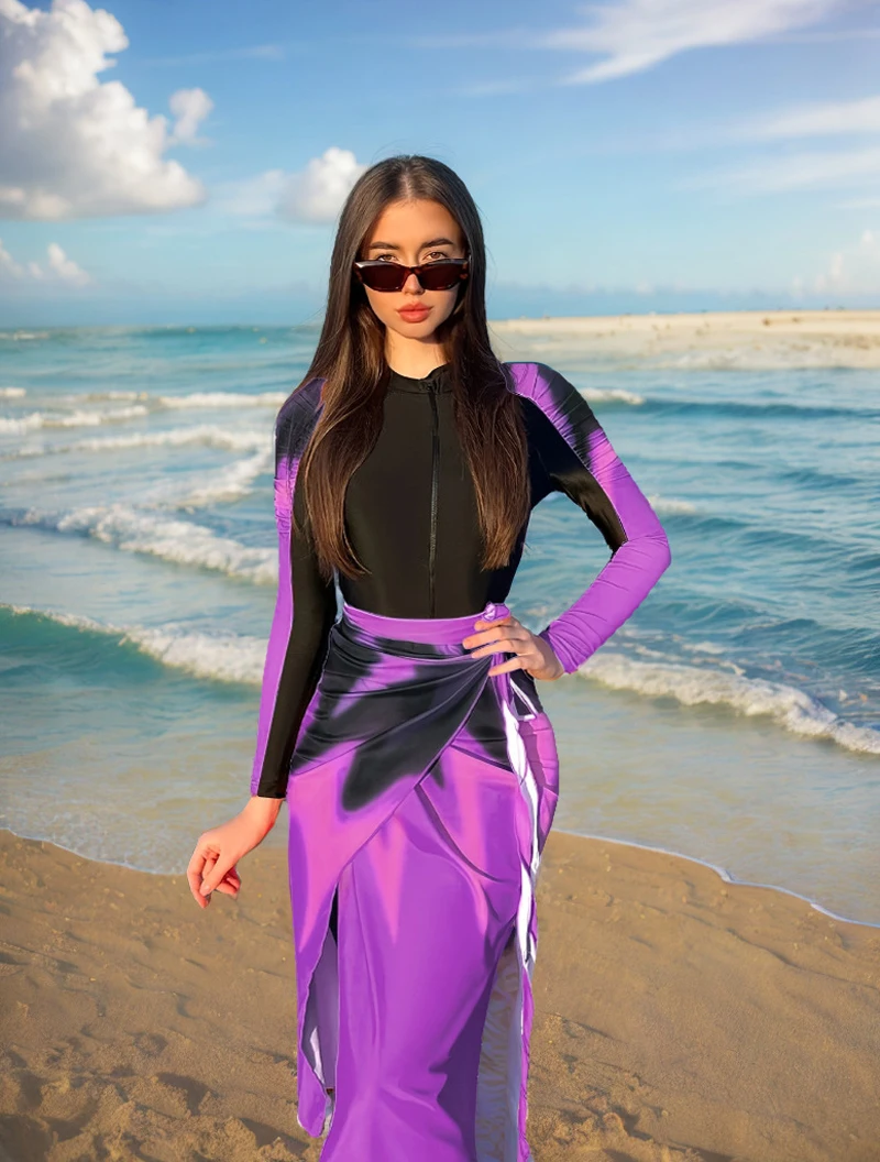 ملابس سباحة نسائية إسلامية من بوركيني متدرجة باللون الأحمر بأكمام طويلة وبنطلون وسحاب ملابس سباحة صيفية للشاطئ