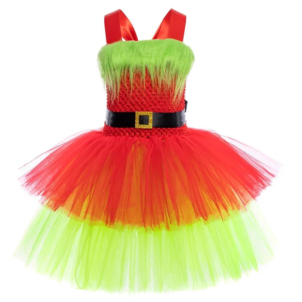 Santa Claus Monster Costume Kids Girls Christmas Tutu Dress Outfit Toddler Girls Halloween Green Fur Monster Dress Up Clothes