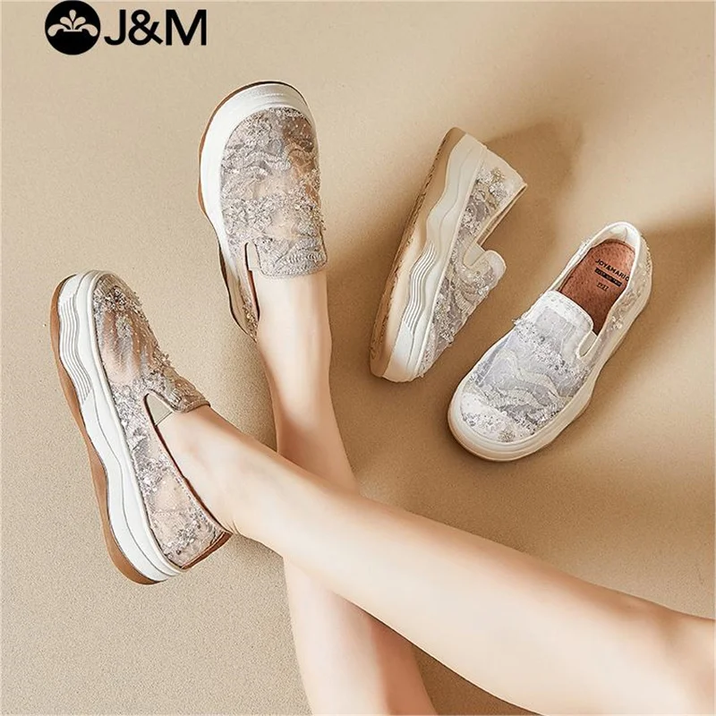 J&M Casual Shoes Women Loafers 2024 Lady Lace Mesh Breathable Platform Spring Summer Slip-on Shoes Walking Sports White Sneakers