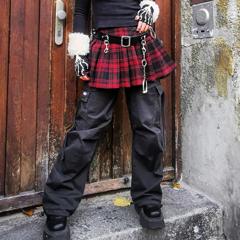 Goth Dark 90s Grunge Streetwear Plaid Mini Skirts Gothic Punk Eyelet Strap Pleated Skirt Y2k Techwear A-line Color Match Bottoms