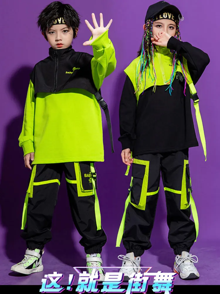 Costumi jazz per ragazze Abbigliamento hip-hop Abbigliamento da strada verde Pantaloni cargo Pantaloni hip-hop per bambini Abiti da ballo moderni