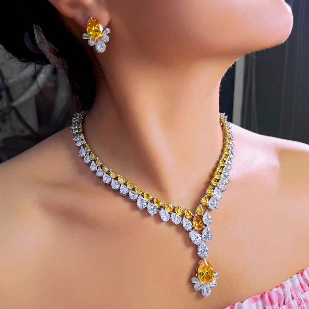 CWWZircons 2 Layer Water Drop Cubic Zirconia Big Chunky Necklace Party Brides Jewelry Sets for Women Luxury Wedding Decor T769