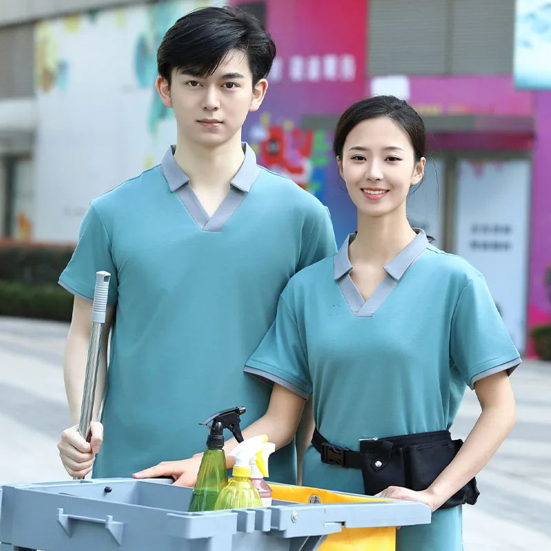 زي تنظيف قصير الأكمام للنساء، نمط صيفي رقيق، تي شيرت مطرز مطبوع، شعار غرفة الفندق، تنظيف المنزل