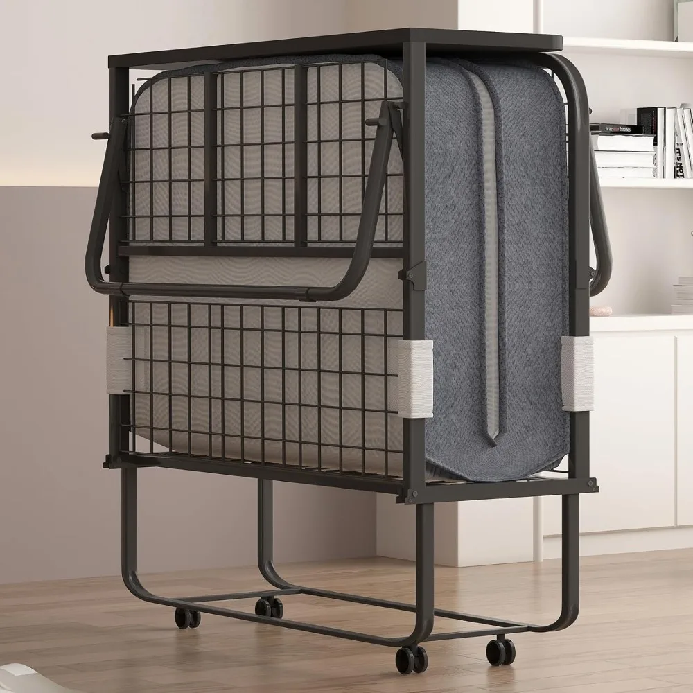 PUREMIND Folding Bed with 5 Inches Mattress, Upgrade Rollaway Bed for Adults with Dustproof Bag & Head Baffle, Single Portable F