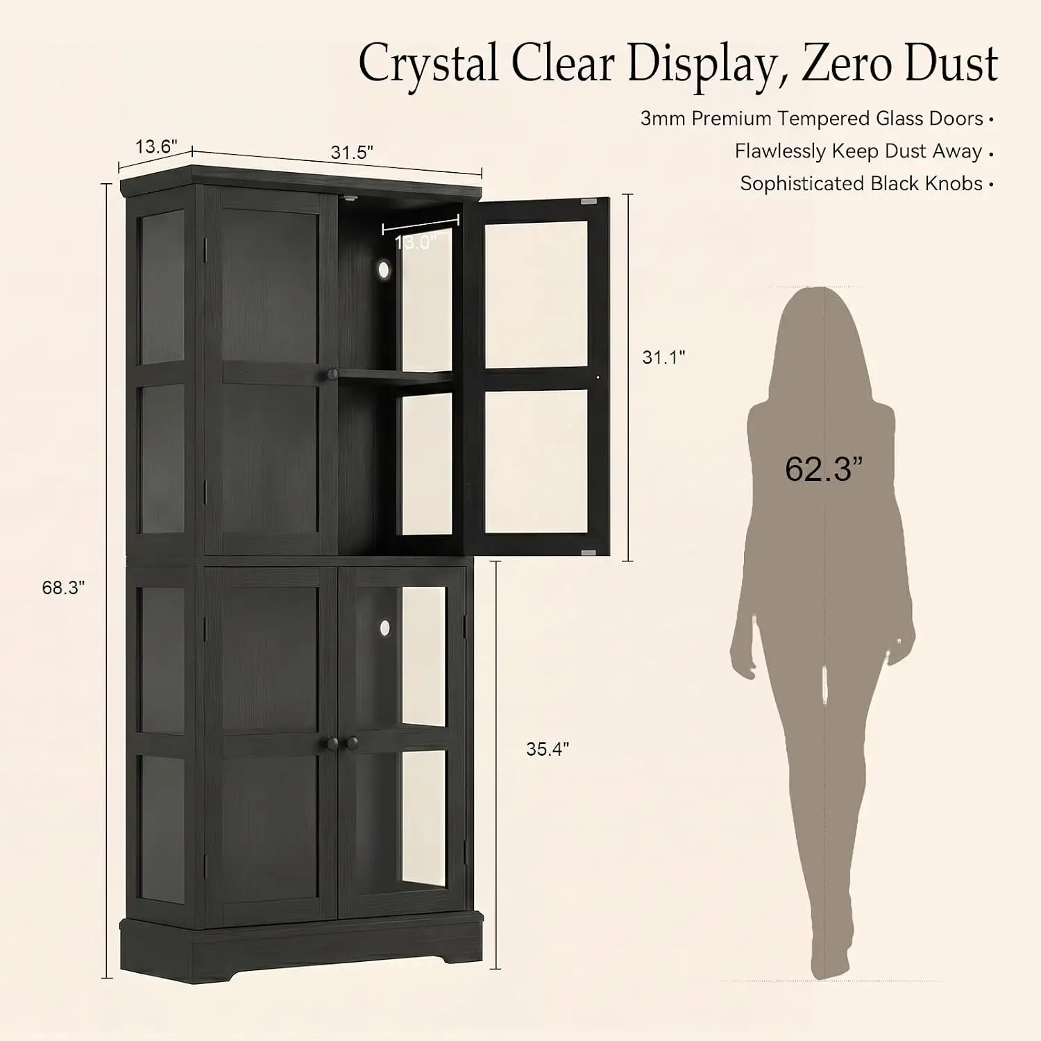 LED Bookcase Glass Doors & Storage Shelves, Display Cabinet for Books & Collectibles, Living Room Curio, 68", Customized view 2