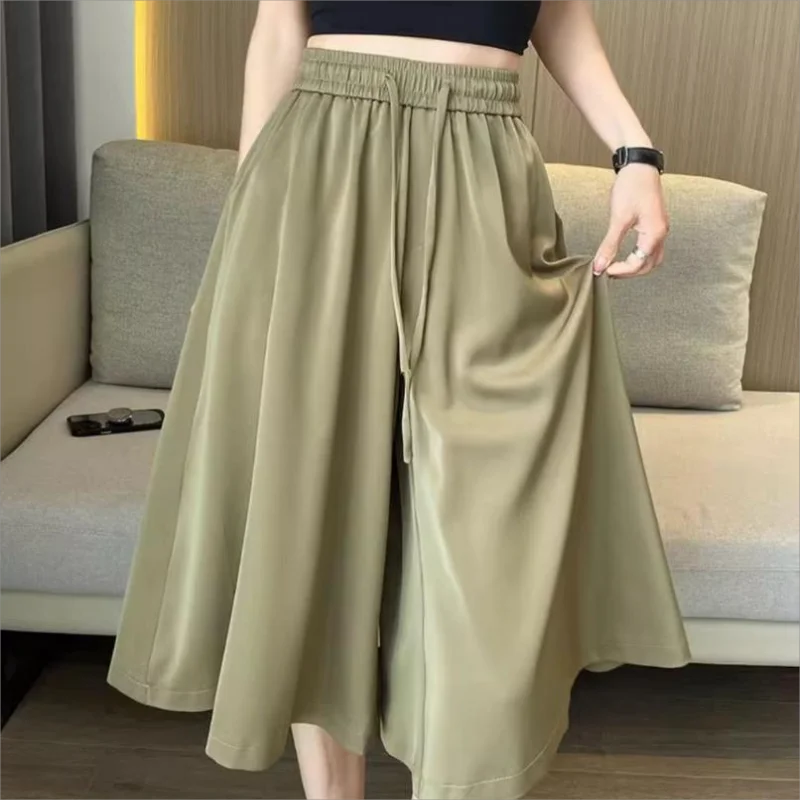 

Summer New Ice Silk High Waist Lacing Wide Leg Pants Solid Loose Plus Size Straight Sports Pant Casual Fashion Women Clothing