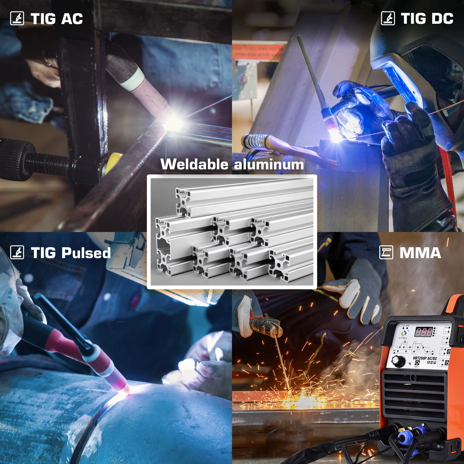 Mesin las Tig AC/DC 4-in-1, mesin las aluminium argon denyut nadi AC HBT250P, kontrol Digital Gas Stainless, las Nadi 2T/4T