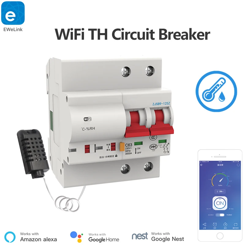 Smart Circuit Breaker With Temperature and humidity sensor WiFi thermostat APP Smart Wireless Control Alexa Compatible