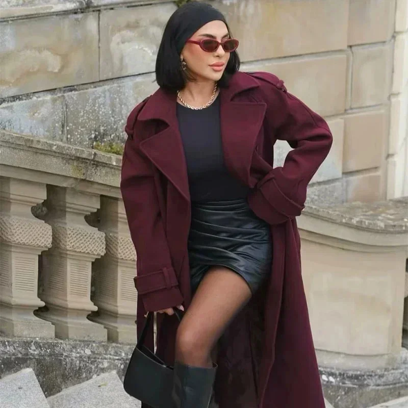 

Elegant Breasted Coat Windbreak With Belt Women Red Lapel Full Sleeve Woolen Long Coat 2024 Winter New Female Fashion Outwear