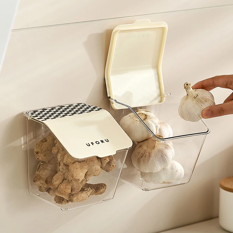 Aufbewahrungsbox für Küche, Zwiebeln, Ingwer, Knoblauch, Wandmontage, nicht perforiert, staubdicht, feuchtigkeitsbeständiger Kunststoff-Aufbewahrungskorb in Lebensmittelqualität