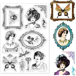 Vintage Woman Clear Stamp for Card Making Decorative Butterfly Frame Retro Theme Transparent Silicone Stamps for DIY Scrapbook