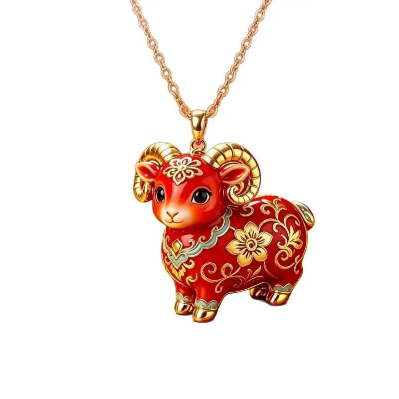 Chinese Zodiac Goat Pendant Necklace Red Enamel Gold Floral Lunar New Year Gift Daily Wear