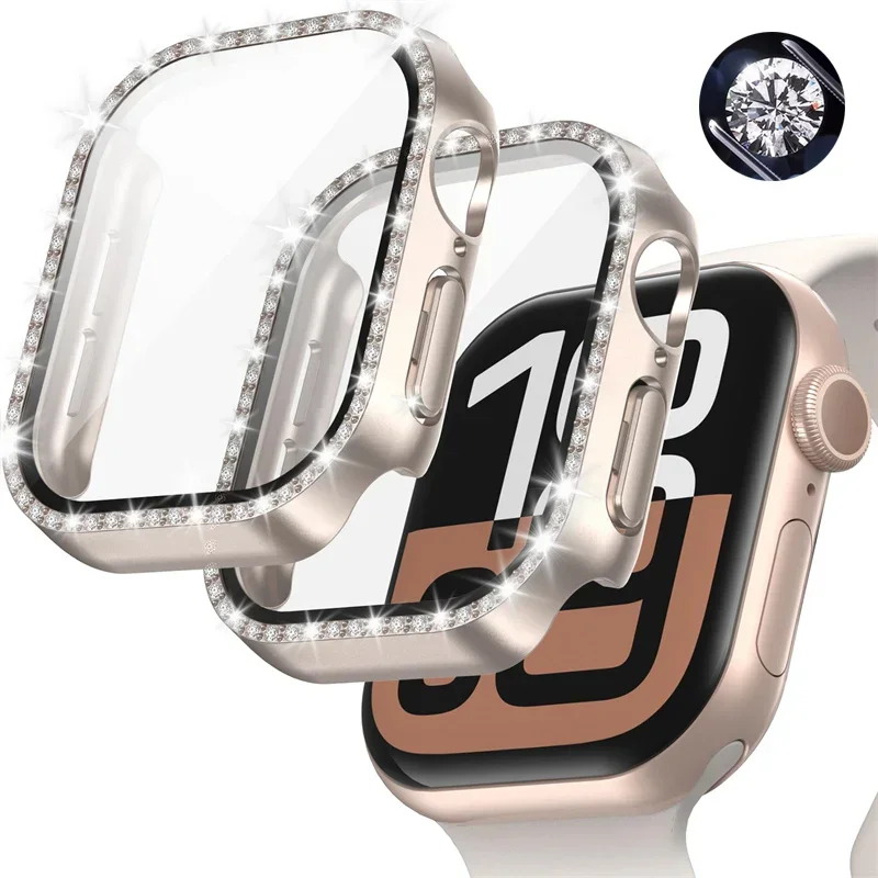 Стекло + алмазный чехол для Apple Watch, чехол 46 мм, 42 мм, 40 мм, 44 мм, 41 мм, 45 мм, блестящий защитный бампер iWatch Series 11-10 9 se 5 6 7 8
