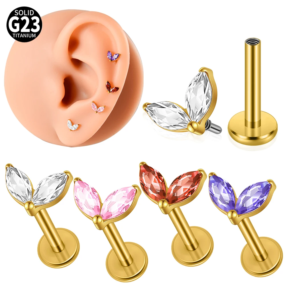 1 Stück Titan-Gold Labret Ohrstecker mit zwei weißen, pinken, roten, lila Marquise-Zirkonia, Innengewinde, für Knorpel, Helix, Lobe, Conch, Körperpiercing
