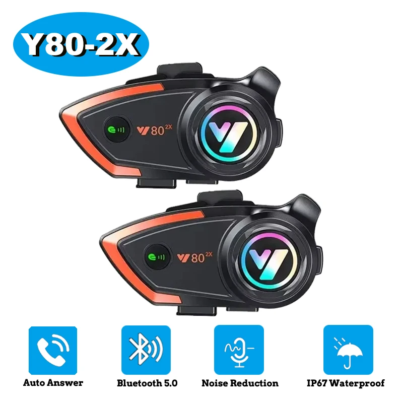 Y80 2X Motorcycle Helmet Intercom Bluetooth Headset Hands Free Call Wireless Noise Reduction V5.0  Waterproof 500M Interphone