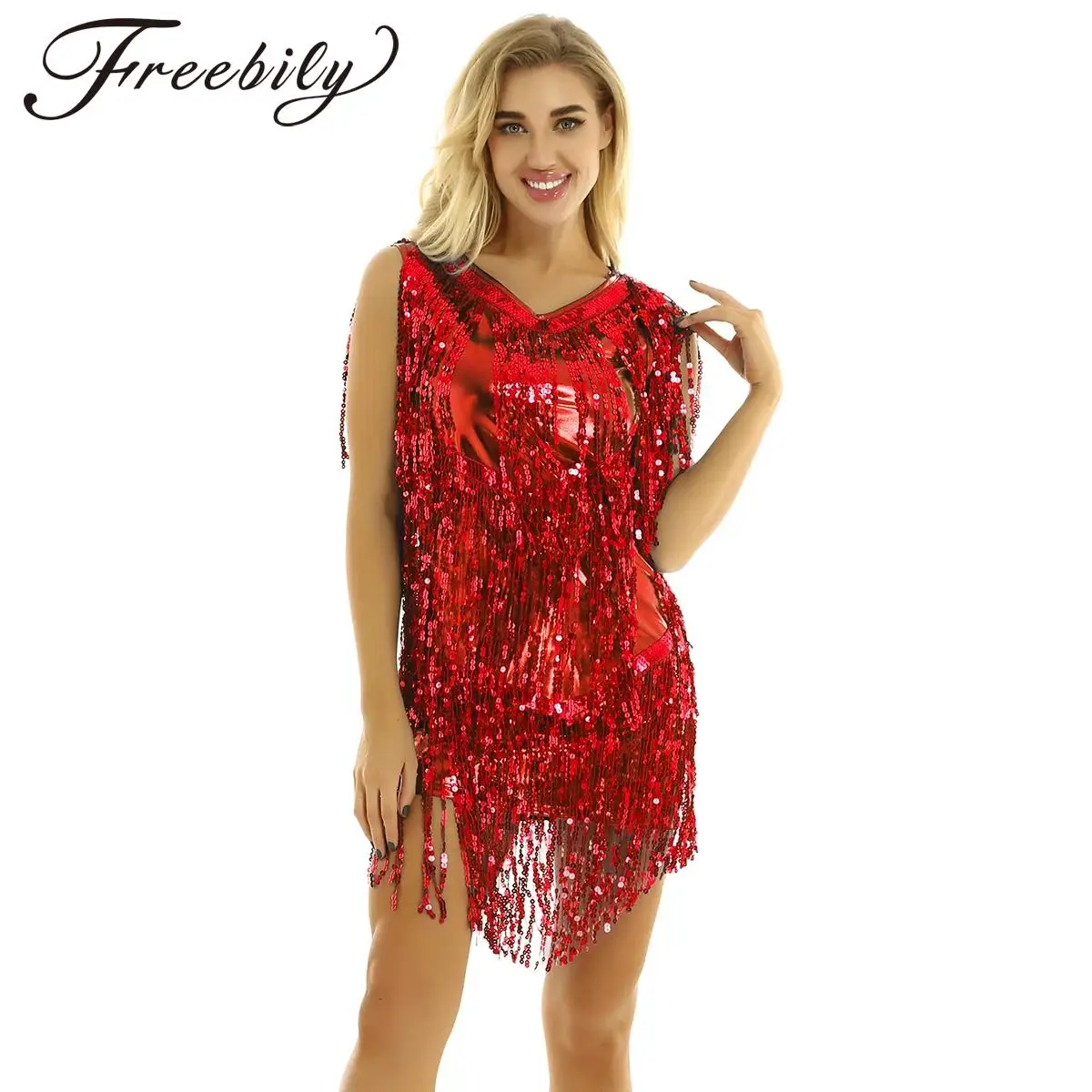 Women Sequin Tassels Fringe Latin Dance Costume Party Dress for Dancing Competition Ballroom Tango Vestidos De Flecos