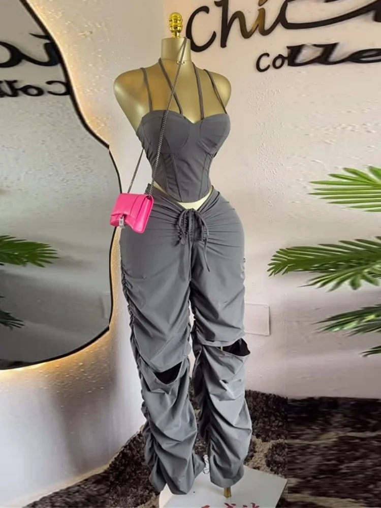 Wmstar Two Piece Set Women Wholesale Sweet Fresh Summer 2025 Wear Featuring A Halter Top High Waisted Ripped Casual Pants