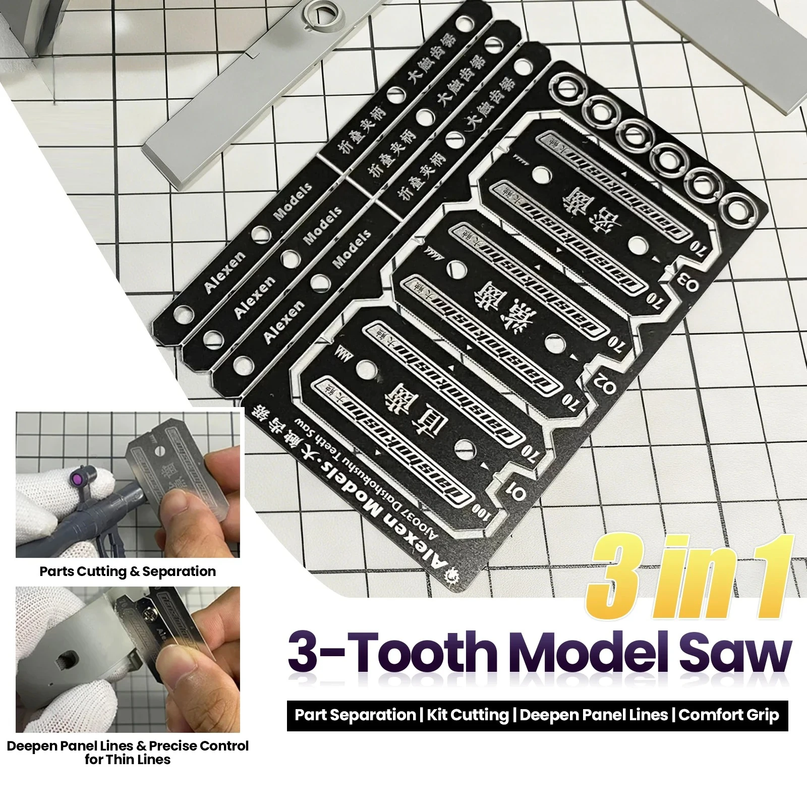 Alexen AJ0037 3‑Tooth Model Saw Set Without Handle Plastic Model Cutting Blades for Scale Model Building Hobby DIY Accessories