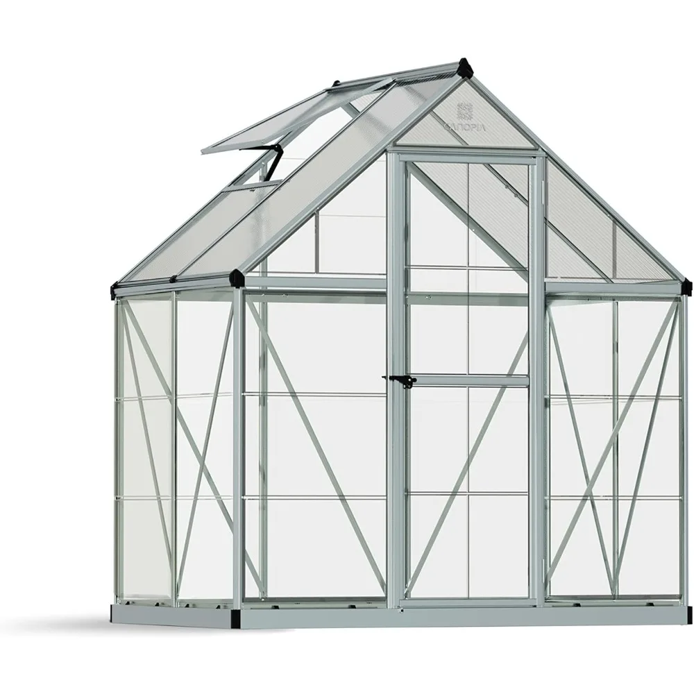 6' X 4' Greenhouse  Twin-wall Polycarbonate Roof Panels Oxidation Resistant Powder Coated Aluminum Frame - Silver