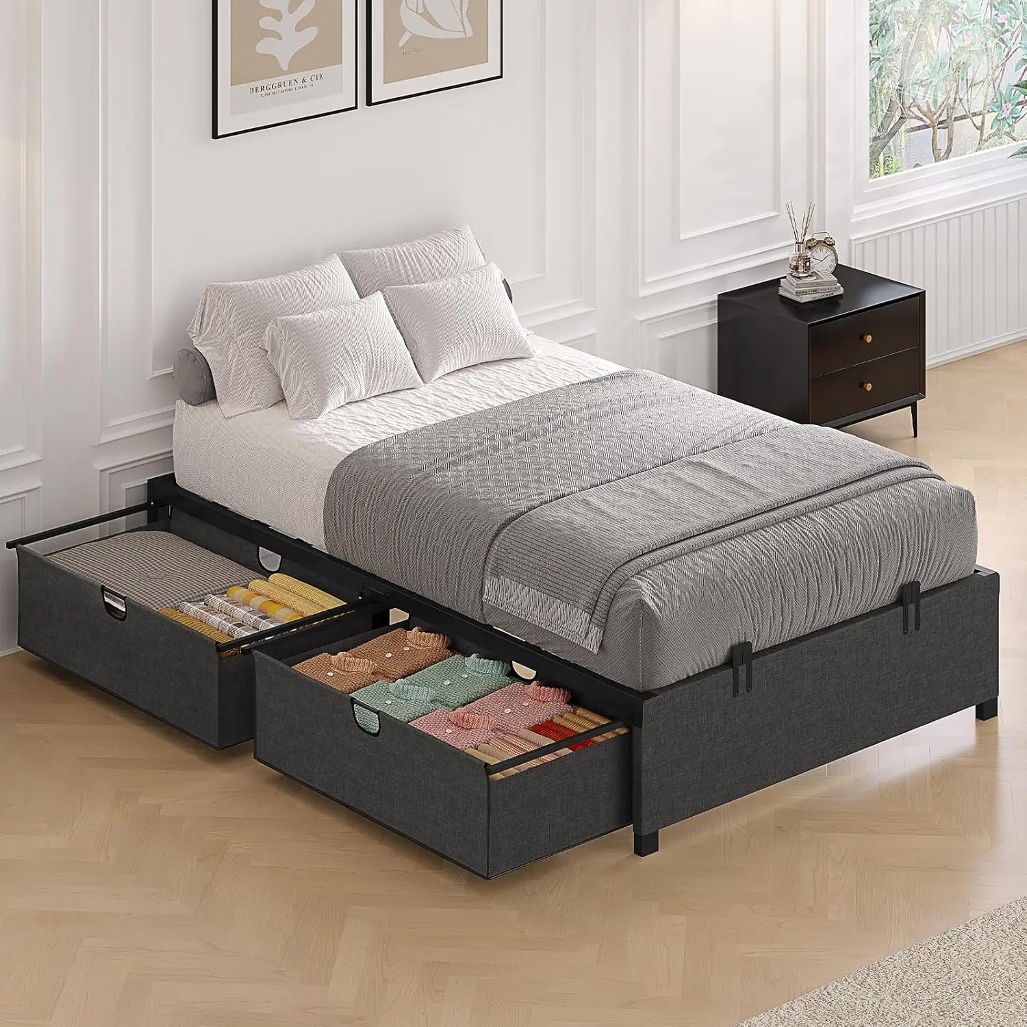 

Twin Size Bed Frame with 2 Large Storage Drawers, Platform Bed with Drawers, Heavy Metal Slats Support, No Box Spring Needed, No