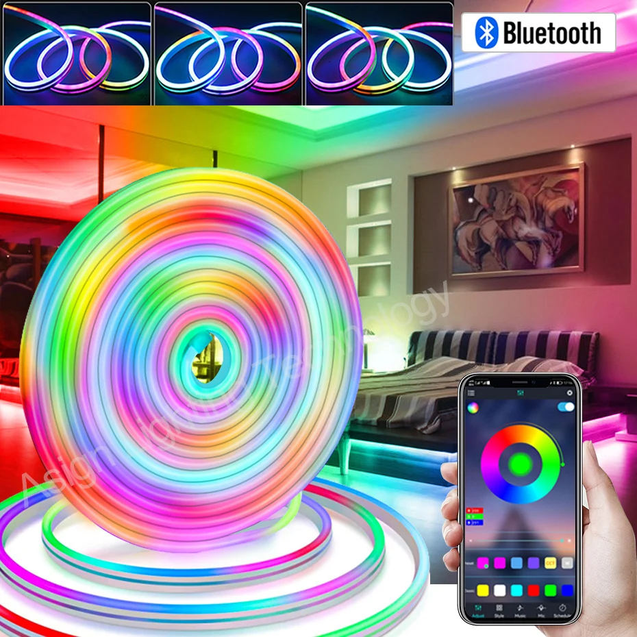 

Smart RGBIC Chasing Led Neon Strip 12V 96Leds/m Bluetooth Music Sync Waterproof Running RGB Neon Tape Soft Flex Home Bars Decor