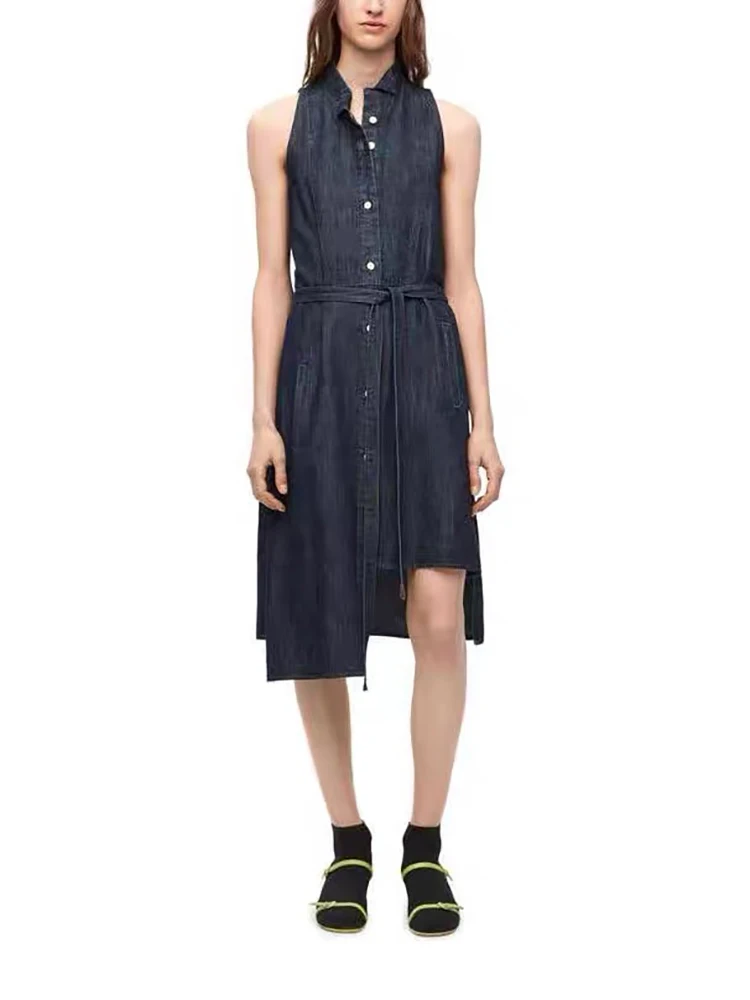 

Dresses y2k spring and summer small collar asymmetric cotton denim Women's dresses2024 simple tie waist slimming long dresses