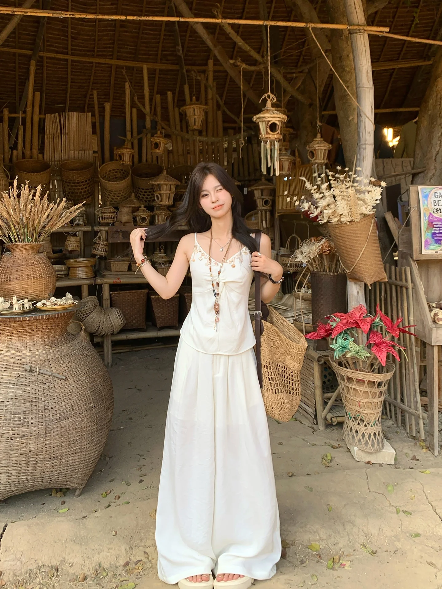 

Летний повседневный комплект Adan: утягивающие брюки с широкими штанинами и льняным эффектом, на пуговицах, для женщин