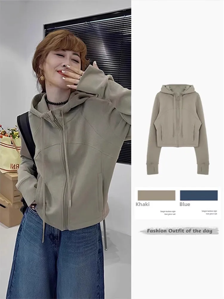 Damska bluza z kapturem w stylu amerykańskim, rozpinana na zamek, nowa kolekcja wiosna-jesień, rozmiar S, długi rękaw.