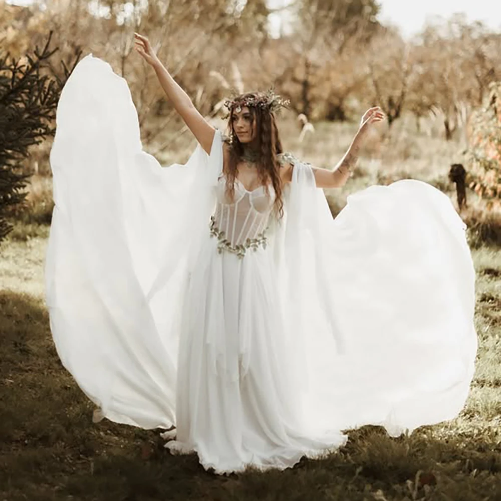 Sweetheart Chiffon Irregular A Line Bridal Gowns Basque V Drop Waist Long Flare Slit Sleeves Wedding Dress Colored Leaf Cape