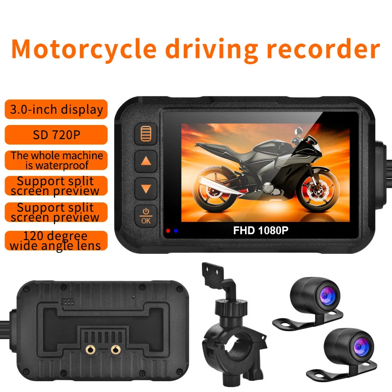

Waterproof Motorcycle Driving Recorder Front 3 Inch Display Dual Channel Motorbike Camera Video Loop Recorder Black Night Vision