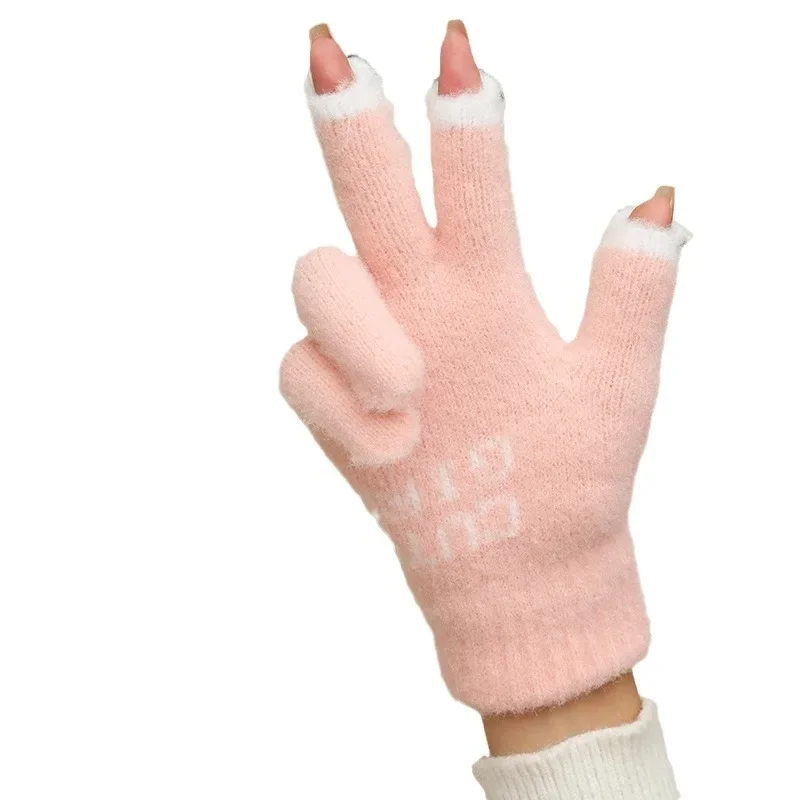Guanti caldi da donna invernali addensati guanti lavorati a maglia di lana a prova di freddo per studenti con dita che perdono all\'aperto