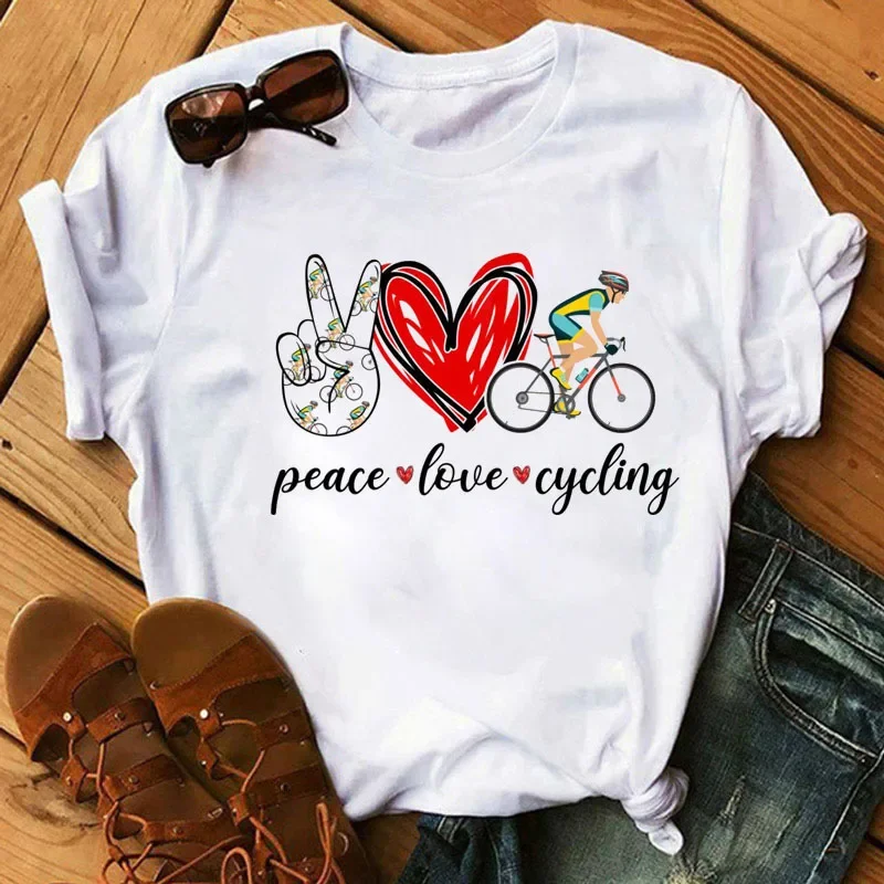 Spring Summer Ladies Floral Bicycle Pattern Fashion Cartoon Print White Letter T-shirt Woman Clothes  Oversized T Shirt Tops Tee