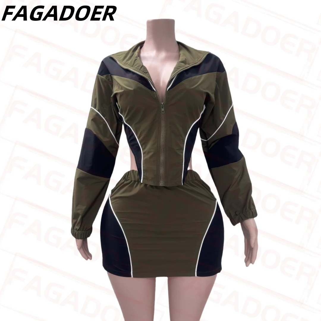 FAGADOER Color Block Two Piece Set For Women Casual Zip Lantern Sleeve Irregular Crop Jacket + High Waist Skirts Suit Streetwear