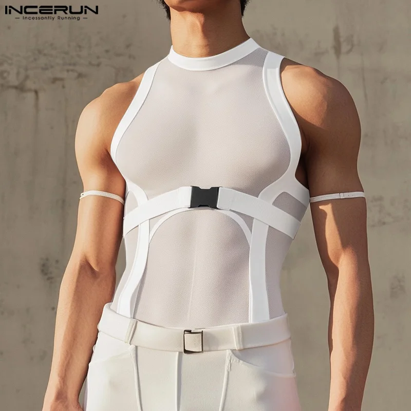 INCERUN Männer Tank Tops Mesh Patchwork Durchsichtig Oansatz Ärmellose Männliche Westen Sommer Streetwear 2025, Sexy Mode Männer Kleidung