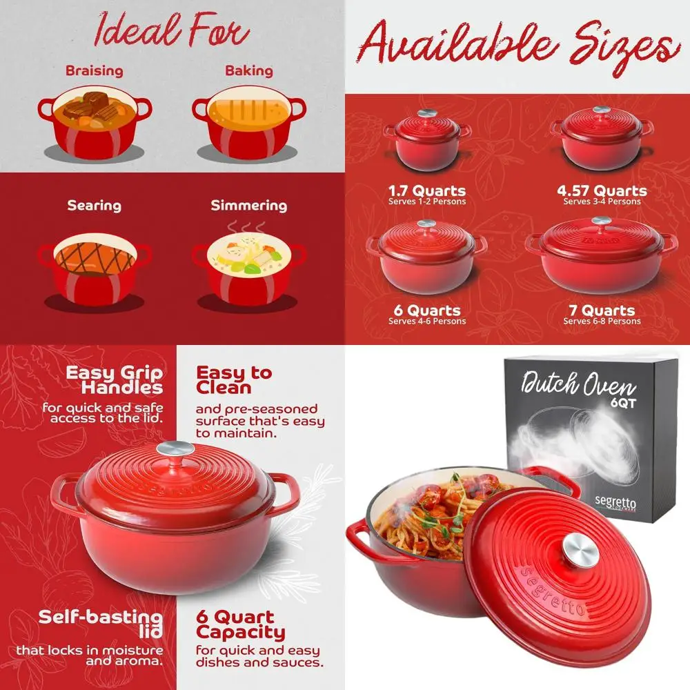 

Red 6-Quart Enameled Cast Iron Dutch Oven with Lid, Ideal for Bread Baking, Braising, and Roasting, Heat-Resistant up to 500°F,
