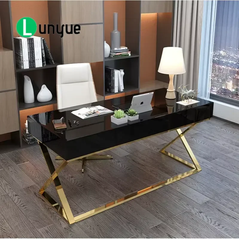 Luxury Glass Top Office Desk with Drawers Gold Stainless Steel Frame Computer Work Table for Home Office Modern Executive