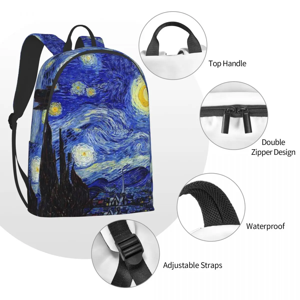 Zaino da notte stellato classico Van Gogh ispirato da donna in poliestere stile Outdoor zaini modello Kawaii borse da scuola superiore zaino