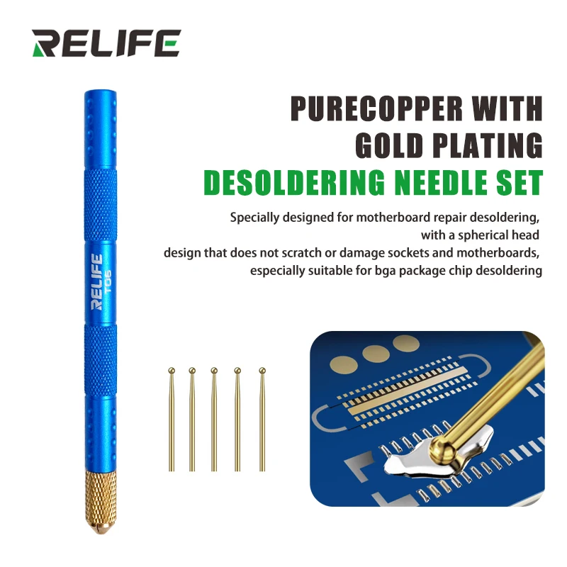 

RELIFE TO6 Gold Plated Pure Copper Desoldering 5PCS Needle Set Spherical Tip for BGA Motherboard PCB Repair Solder Removal Tool