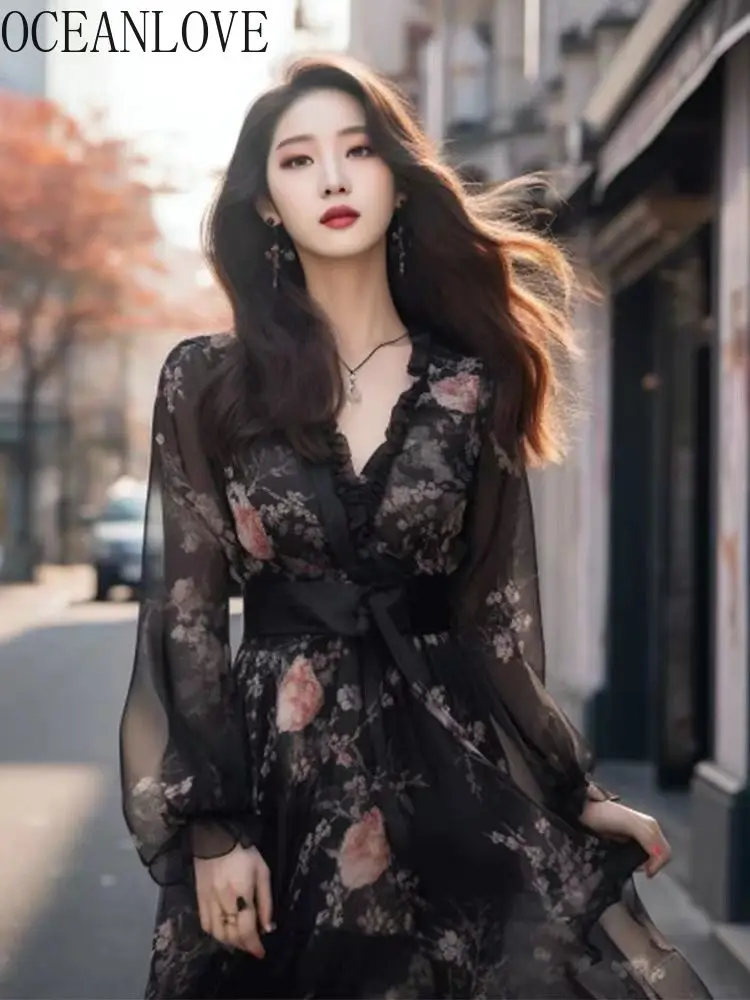 OCEANLOVE Print Floral Women Dresses A-line Spring Fall Korean Fashion V Neck Elegant Vestidos Mujer Vintage Black Long Dress