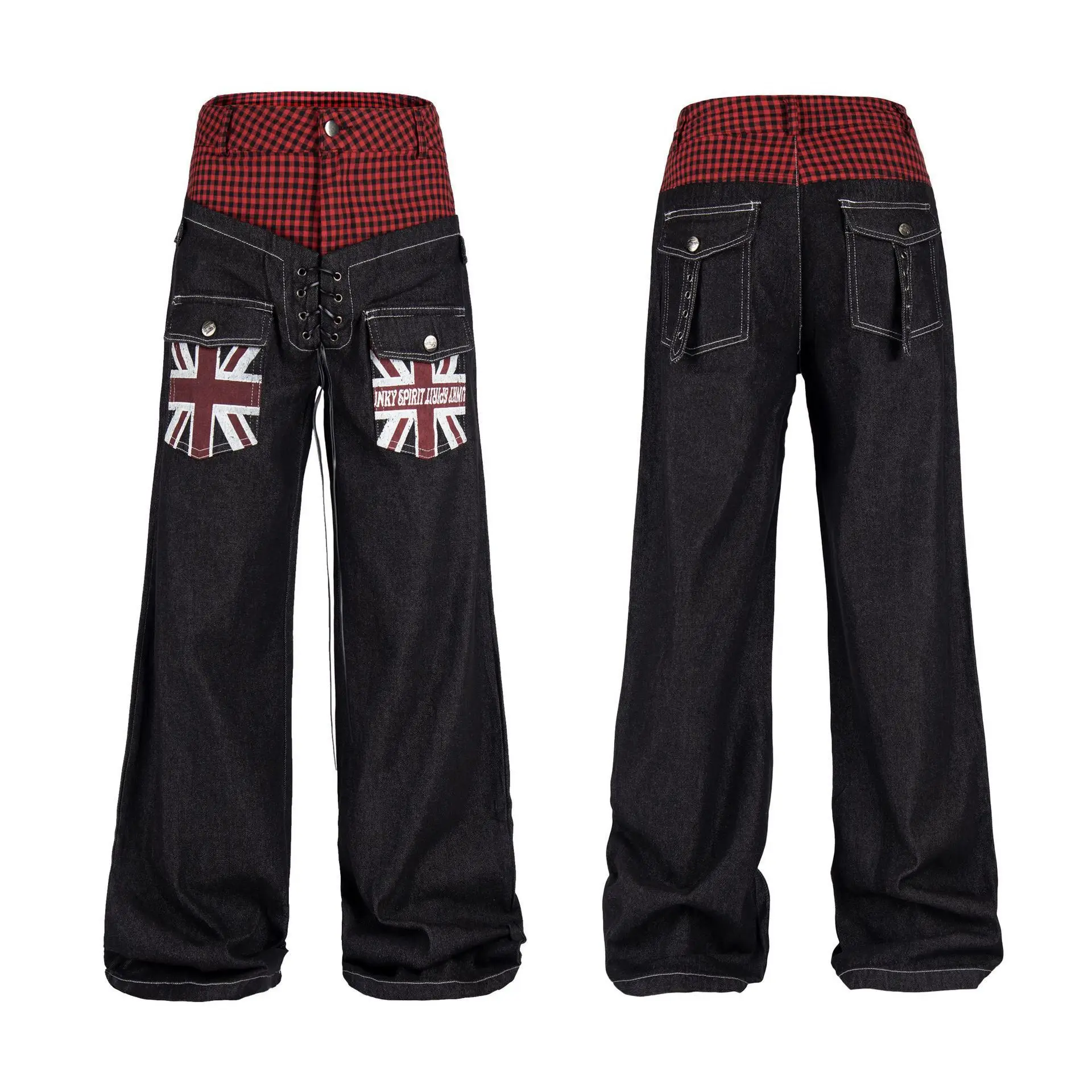 

Spring New American Hot Girl Double Waist Plaid Stitching Denim Trousers Black New All-Matching Baggy Pants Women