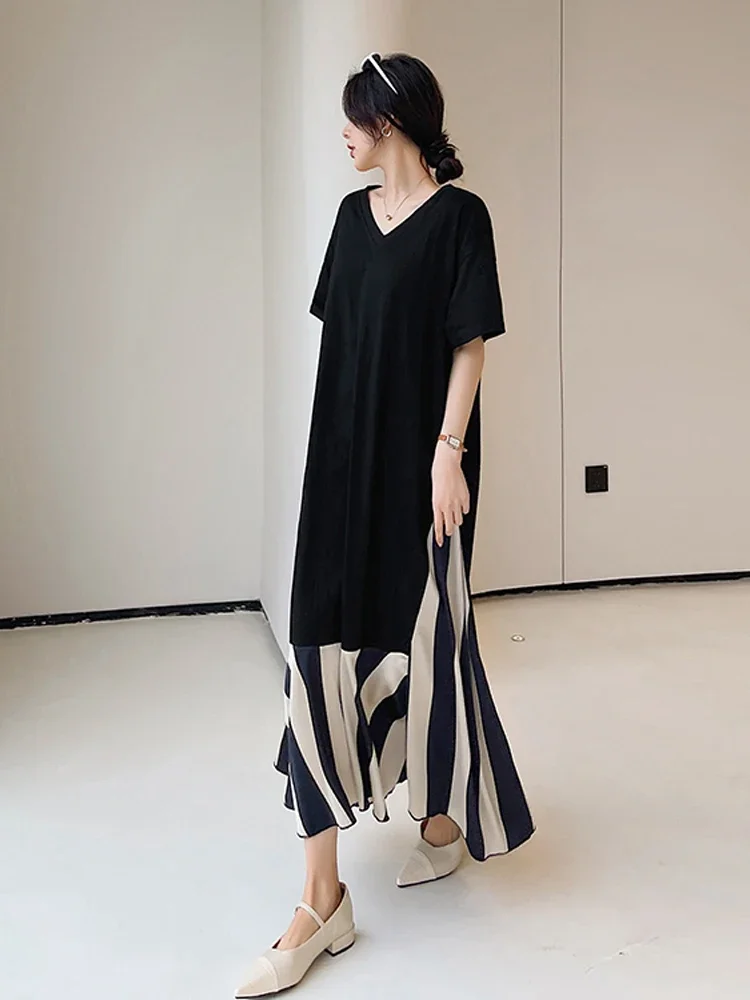 2025 Summer New Korea Dresses For Women Vestidos Robe Elbise Loose Plus Size Patchwork Silk Velvet Stripe Long Dress