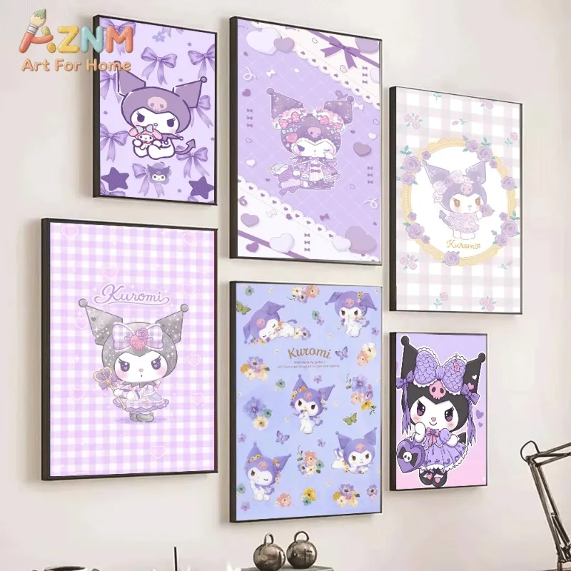 Sanrio Kuromi Canvas Wall Art Unframed Print Purple Bow Star Sweet Cartoon Poster for Bedroom Dorm Home Interior Wall Decor Art